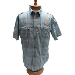 Triple Fat Goose Men's Short Sleeve Snap Up Front Plaid Shirt Size XL tan blue